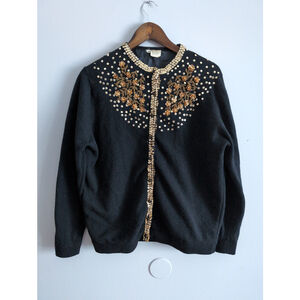 Vintage Lambs Wool Beaded Dainty Black Women Sweater Sz M/L Grandmacore Oldmoney